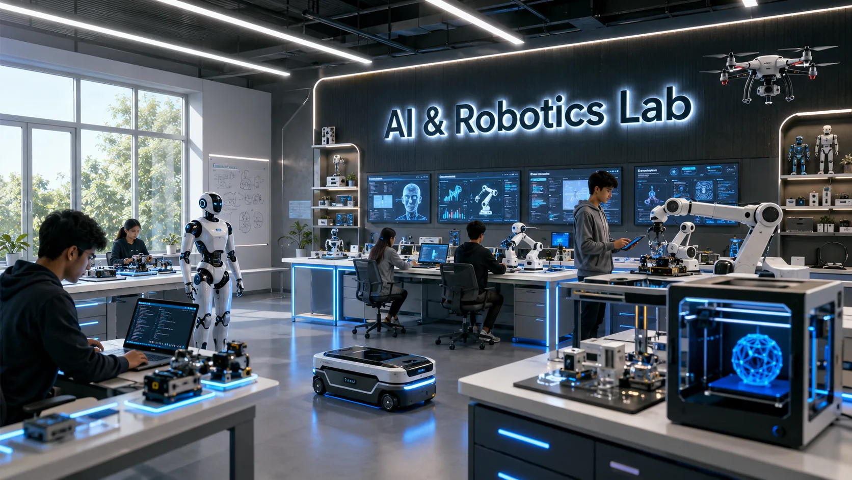 Students working in a PHN Smart AI & Robotics lab